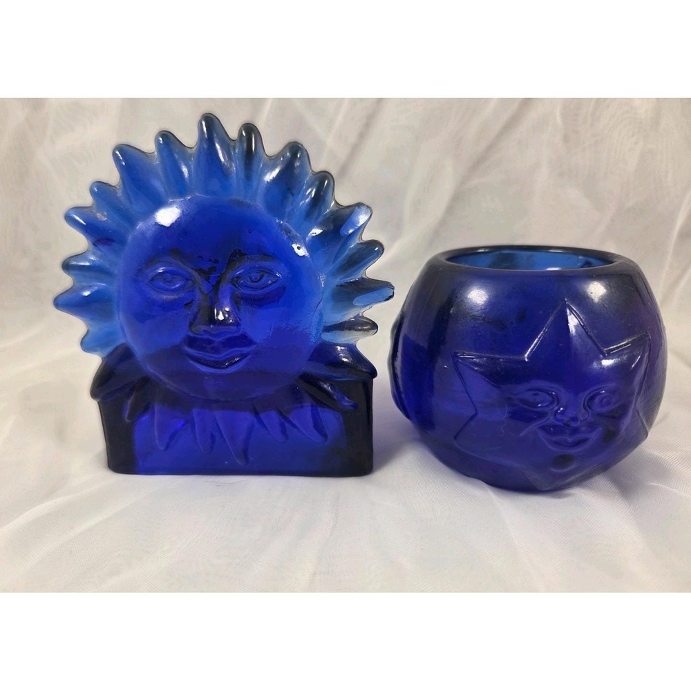 VTG Cobalt Blue Man in the Moon Sun Celestial Votive Candle Holders Set of 2 MCM